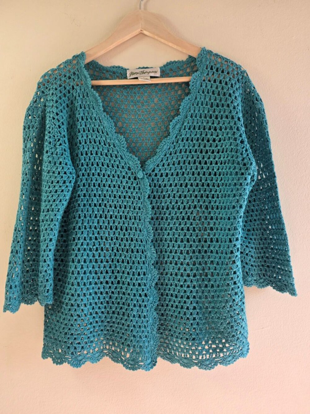 Norm Thompson Cardigan Size L Turquoise Crochet Linen-Cotton V-Neck Y2K